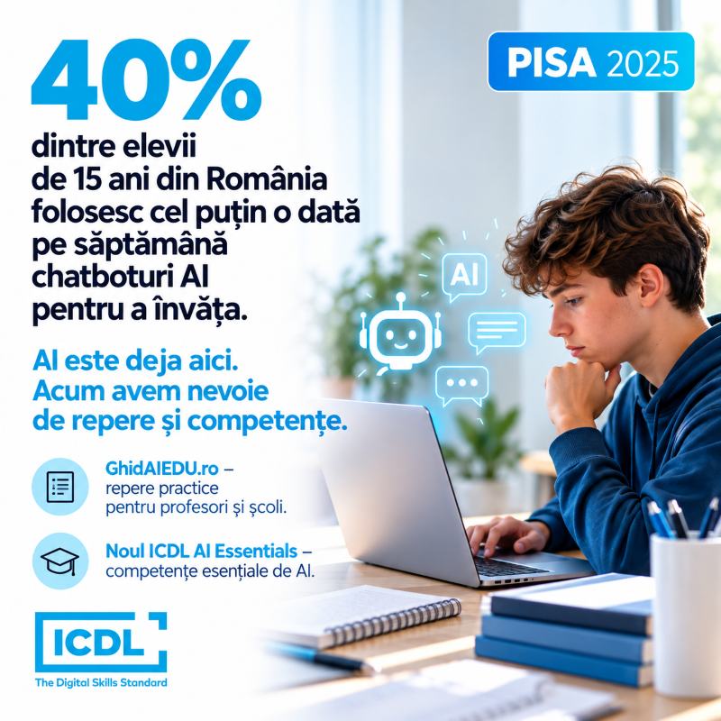Elevii romani folosesc AI, dar competentele digitale raman in urma: 40% dintre elevii de 15 ani folosesc saptamanal chatboturi AI